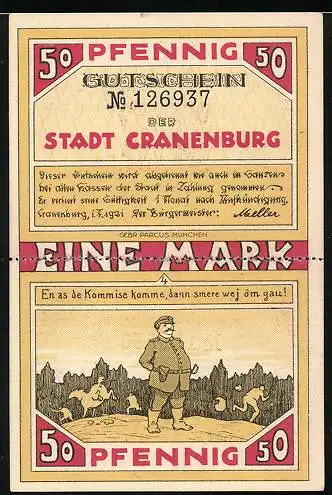 Notgeld Cranenburg 1921, 2x50 Pfennig, Wallfahrtskirche, Polizist