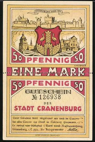 Notgeld Cranenburg 1921, 2x50 Pfennig, Wallfahrtskirche, Polizist