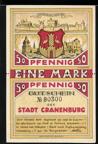 Notgeld Cranenburg 1921, 2x50 Pfennig, Wallfahrtskirche, Schmuggler aus Holland