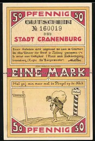 Notgeld Cranenburg 1921, 2x50 Pfennig, Wallfahrtskirche, Schmuggler von Holland, alte Ortsansicht