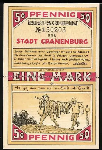 Notgeld Cranenburg 1921, 2x50 Pfennig, Wallfahrtskirche, Speckträger
