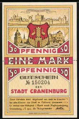 Notgeld Cranenburg 1921, 2x50 Pfennig, Wallfahrtskirche, Speckträger