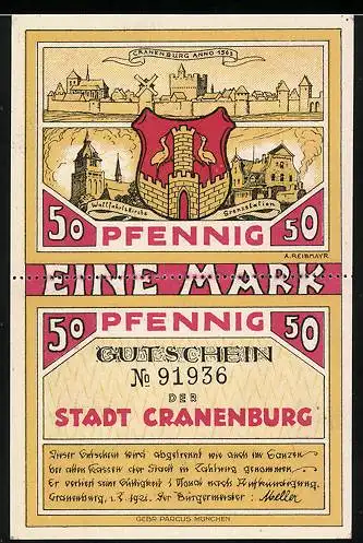 Notgeld Cranenburg 1921, 2x50 Pfennig, Wallfahrtskirche, Pärdje an en Tau