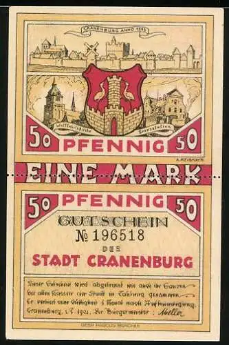 Notgeld Cranenburg 1921, 2x50 Pfennig, Wallfahrtskirche, En as de Kommise komme...