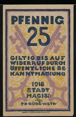 Notgeld Regensburg 1918, 25 Pfennig, Dom, gekreuzte Schlüssel