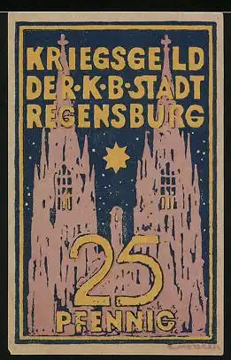 Notgeld Regensburg 1918, 25 Pfennig, Dom, gekreuzte Schlüssel