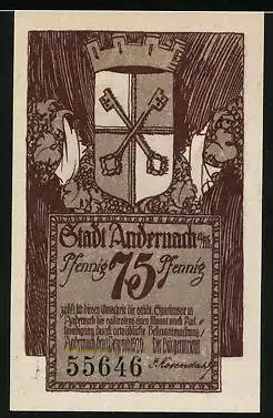 Notgeld Andernach a. Rh. 1920, 75 Pfennig, Schloss, Wappen