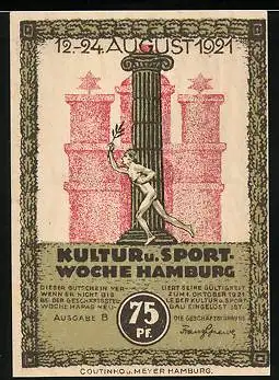 Notgeld Hamburg 1921, 75 Pfennig, Kultur u. Sportwoche 1921, Rathaus