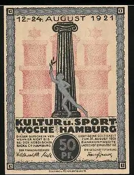 Notgeld Hamburg 1921, 50 Pfennig, Kultur u. Sportwoche 1921, Dampfer im Hafen