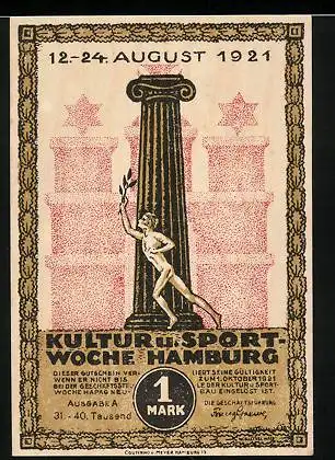 Notgeld Hamburg 1921, 1 Mark, Kultur u. Sportwoche 1921, Bismarckdenkmal