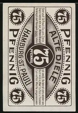 Notgeld Hamburg-St. Pauli 1921, 75 Pfennig, Gasthaus Alte Diele, Hamburger Originale