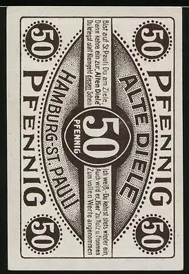 Notgeld Hamburg-St. Pauli 1921, 50 Pfennig, Gasthaus Alte Diele, Mattler in Rüstung