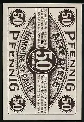 Notgeld Hamburg-St. Pauli 1921, 50 Pfennig, Gasthaus Alte Diele, Piepenreimers