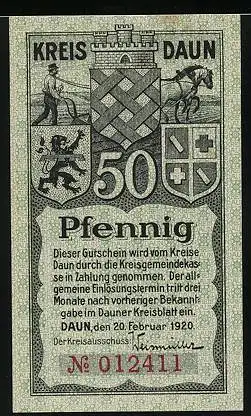 Notgeld Daun 1920, 50 Pfennig, Wappen, Am toten Maar