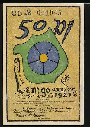 Notgeld Lemgo 1921, 50 Pfennig, ungleiche Kirchtürme