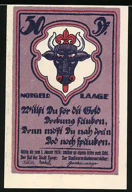 Notgeld Laage 1924, 50 Pfennig, Wappen, Kirche