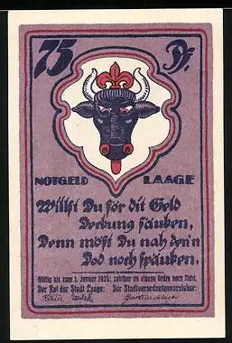 Notgeld Laage 1924, 75 Pfennig, Wappen, Rathaus