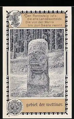 Notgeld Lehesten /Thüringerwald 1921, 50 Pfennig, Ortsansicht, Wegstein im Gebiet der Wettiner