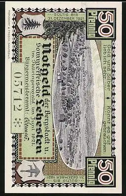 Notgeld Lehesten /Thüringerwald 1921, 50 Pfennig, Ortsansicht, Wegstein im Gebiet der Wettiner
