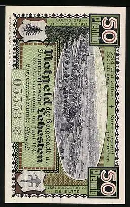 Notgeld Lehesten /Thüringerwald 1921, 50 Pfennig, Ortsansicht, Wegstein Bischof zu Bamberg