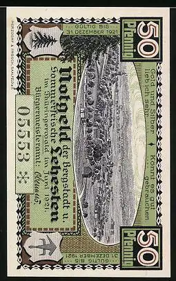 Notgeld Lehesten /Thüringerwald 1921, 50 Pfennig, Ortsansicht, Wegstein Herzog zu Sachsen