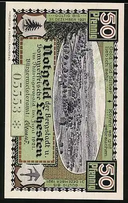 Notgeld Lehesten /Thüringerwald 1921, 50 Pfennig, Ortsansicht, Dreiwappenstein am Kiesslich