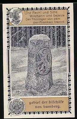 Notgeld Lehesten /Thüringerwald 1921, 50 Pfennig, Ortsansicht, Wegstein Gebiet der Bischöfe von Bamberg