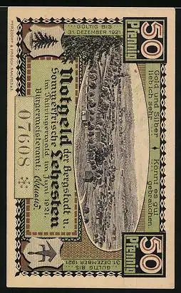 Notgeld Lehesten /Thüringerwald 1921, 50 Pfennig, Ortsansicht, Dreiwappenstein