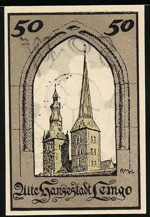 Notgeld Lemgo 1921, 50 Pfennig, Wappen, ungleiche Kirchtürme
