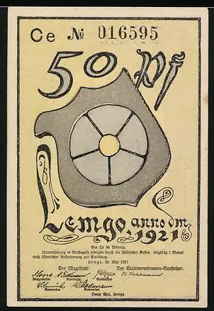 Notgeld Lemgo 1921, 50 Pfennig, Wappen, ungleiche Kirchtürme