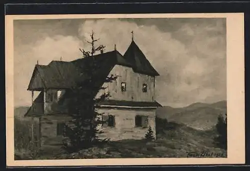 Künstler-AK Chata Na Strázi, Ansicht mit Bergpanorama