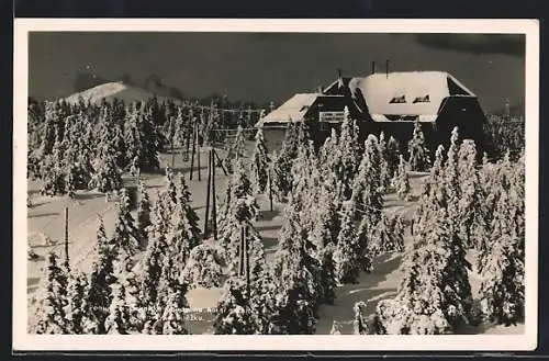AK Sokolske Boudy /Horny Stanicy, Berghütte im Winter