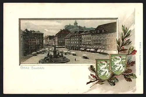 AK Graz, Blick über den Hauptplatz, im lithographischen Präge-Passepartout mit Wappen und Eichenblättern