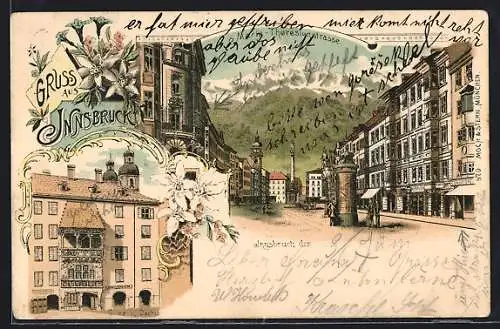 Lithographie Innsbruck, Prunkerker Goldenes Dachl, Maria-Theresienstrasse