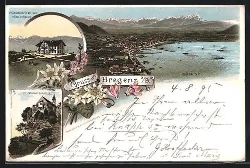 Vorläufer-Lithographie Bregenz a. B., 1895, Pfänderspitze mit Hotel Pfänder, St. Gebhardskapelle, Hafenpanorama