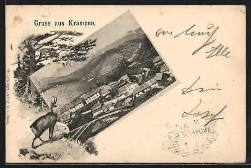 AK Krampen, Ortsansicht aus der Vogelschau und Gämse