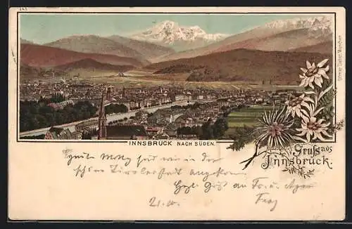 Lithographie Innsbruck, Gesamtansicht aus der Vogelschau nach Süden