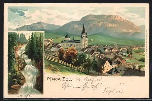 Lithographie Maria-Zell, Lassingfall, Panoramablick auf den Ort