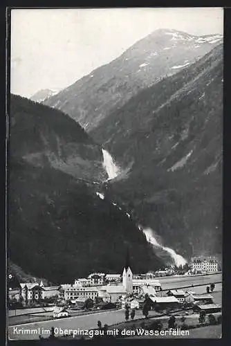 AK Krimml, Gesamtansicht mit der Kirche im Oberpinzgau mit den Wasserfällen