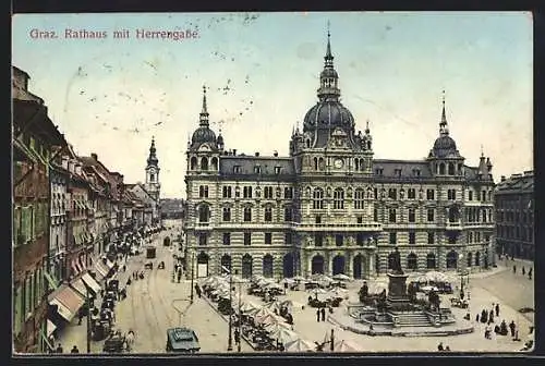 AK Graz, Rathaus und Strasse Herrengasse mit Strassenbahn