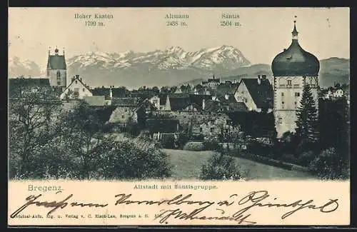 AK Bregenz, Altstadt mit Säntisgruppe, Kirchtürme, Hoher Kasten, Altmann, Säntis