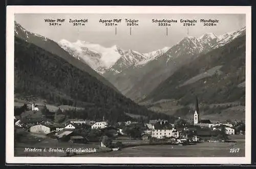AK Mieders i. Stubai, Gletscherblick mit Pfandlspitz, Greitspitz und Trögler