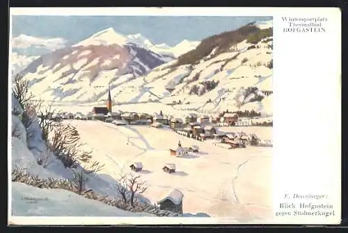 Künstler-AK Hofgastein, Blick auf Hofgastein gegen Stubnerkogel im Winter