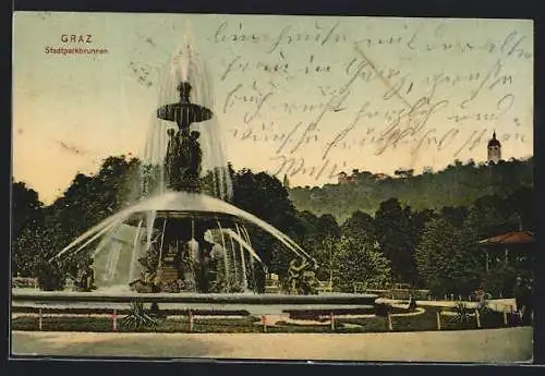 AK Graz, Stadtparkbrunnen mit Umgebung