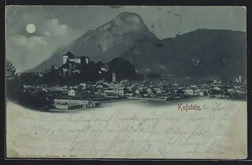 Mondschein-AK Kufstein, Gesamtansicht mit Bergpanorama