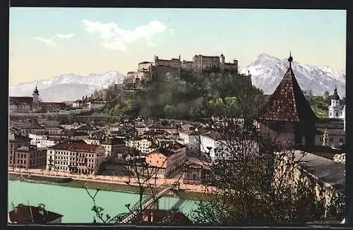 AK Salzburg, Teilansicht mit Festung aus der Vogelschau
