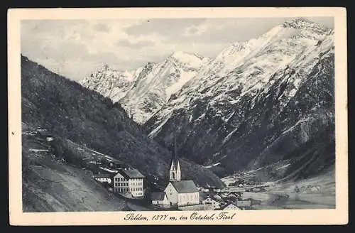 AK Sölden, Ortsansicht mit Kirche und Bergpanorama aus der Vogelschau