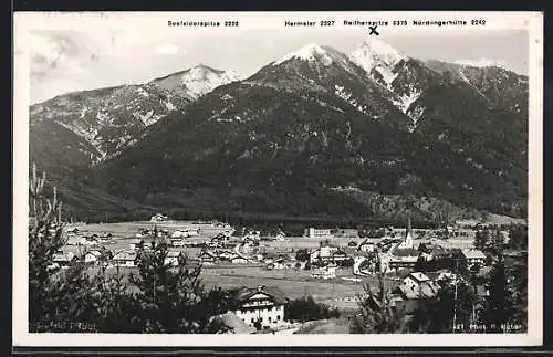 AK Seefeld, Totalansicht mit Bergspitzen aus der Vogelschau