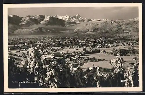AK Villach, Ortsansicht mit Mangart im Winter