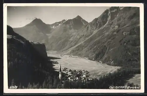 AK Längenfeld, Gesamtansicht mit Bergpanorama aus der Vogelschau